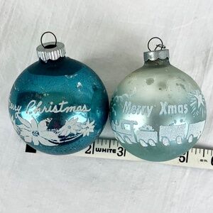 2 Vintage Shiny Bright Ornaments Flocked Train Drums Poinsettia Merry Christmas